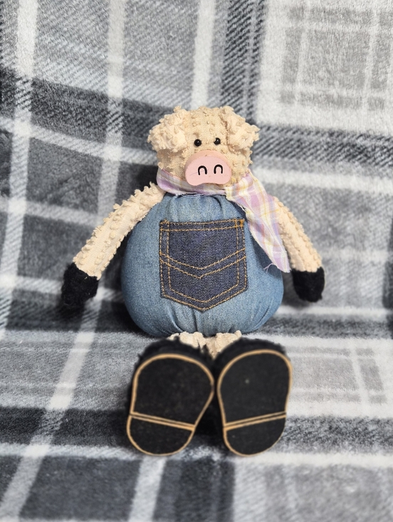 Other - Plush Pig Doll with Denim Pocket and Pastel Scarf